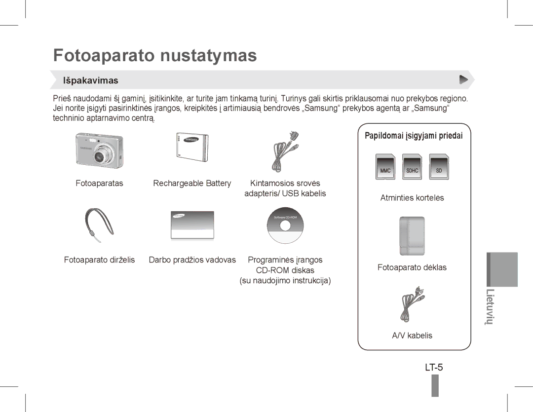 Samsung EC-ES60ZZBPRGS, EC-ES63ZZBPAE1 manual Fotoaparato nustatymas, LT-5, Išpakavimas, Papildomai įsigyjami priedai 