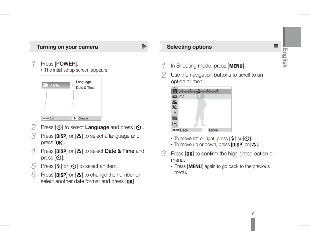 Samsung EC-ES60ZZBPAIT, EC-ES63ZZBPAE1, EC-ES60ZZBPPE1, EC-ES60ZZBPBE1 manual Turning on your camera, Selecting options 