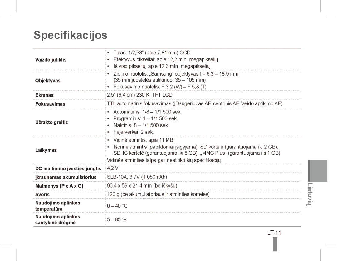 Samsung EC-ES60ZZBPBIT, EC-ES63ZZBPAE1, EC-ES60ZZBPPE1, EC-ES60ZZBPBE1 manual Specifikacijos, LT-11, Matmenys P x a x G Svoris 