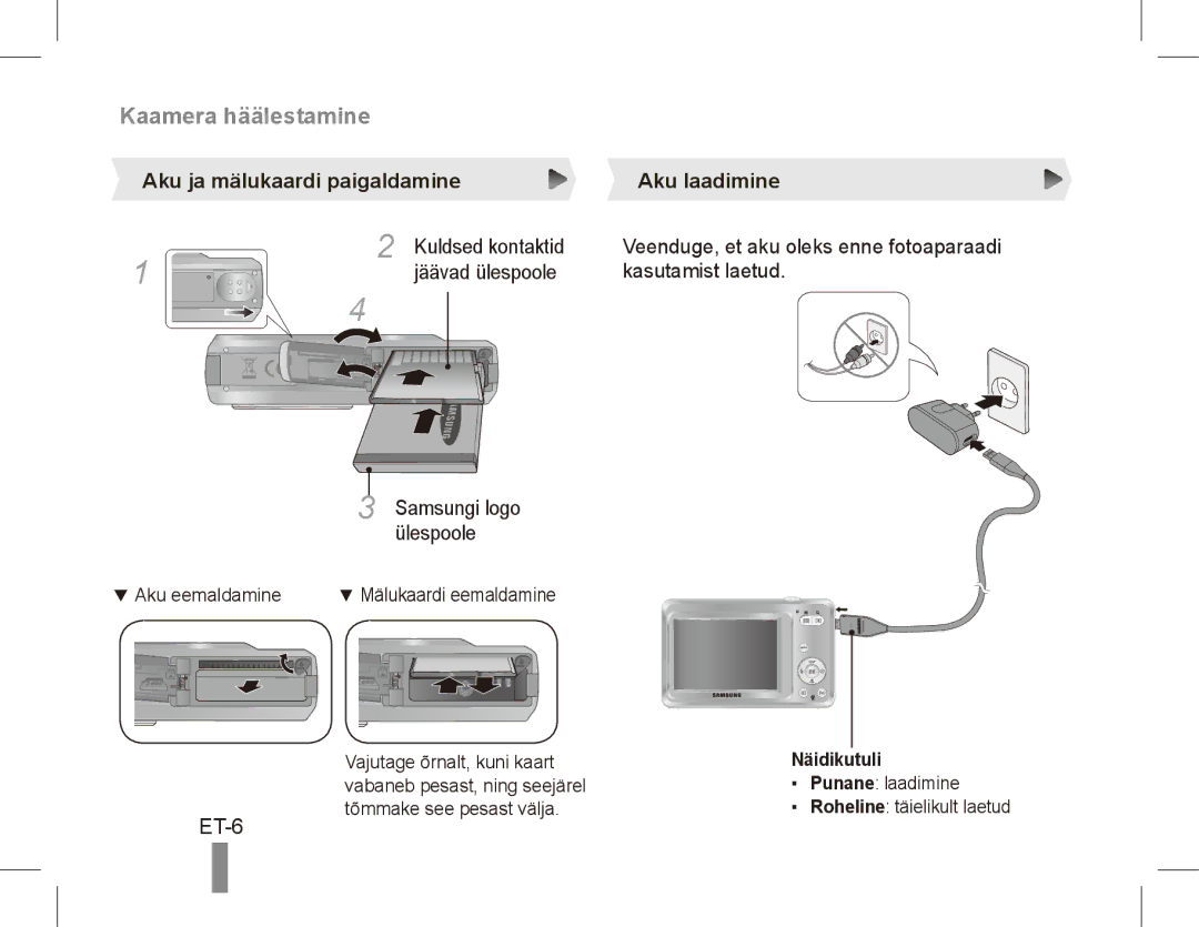 Samsung EC-ES60ZZDPRME, EC-ES63ZZBPAE1 ET-6, Aku ja mälukaardi paigaldamine Aku laadimine, Kuldsed kontaktid, Näidikutuli 