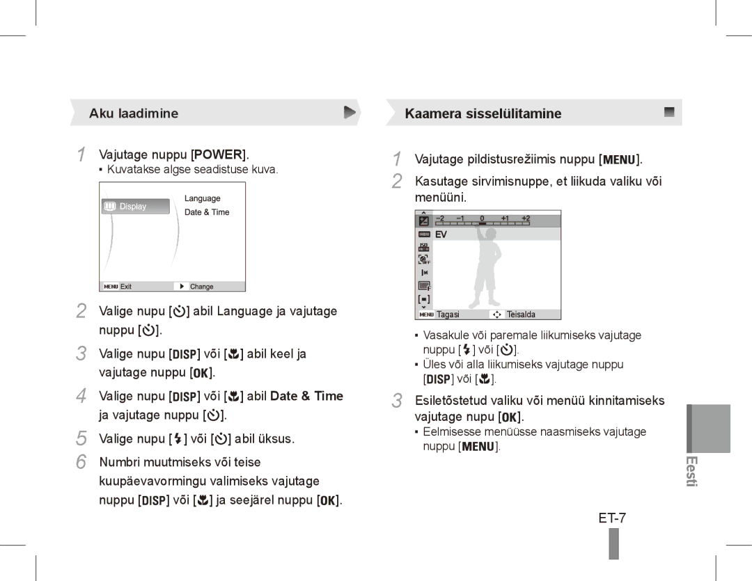 Samsung EC-ES60ZZDPBME, EC-ES63ZZBPAE1, EC-ES60ZZBPPE1, EC-ES60ZZBPBE1, EC-ES60ZZBPAE1 manual ET-7, Vajutage nuppu Power 