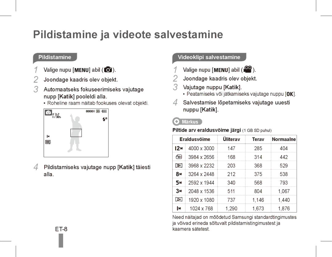 Samsung EC-ES60ZZBPASA, EC-ES63ZZBPAE1, EC-ES60ZZBPPE1 Pildistamine ja videote salvestamine, ET-8, Videoklipi salvestamine 