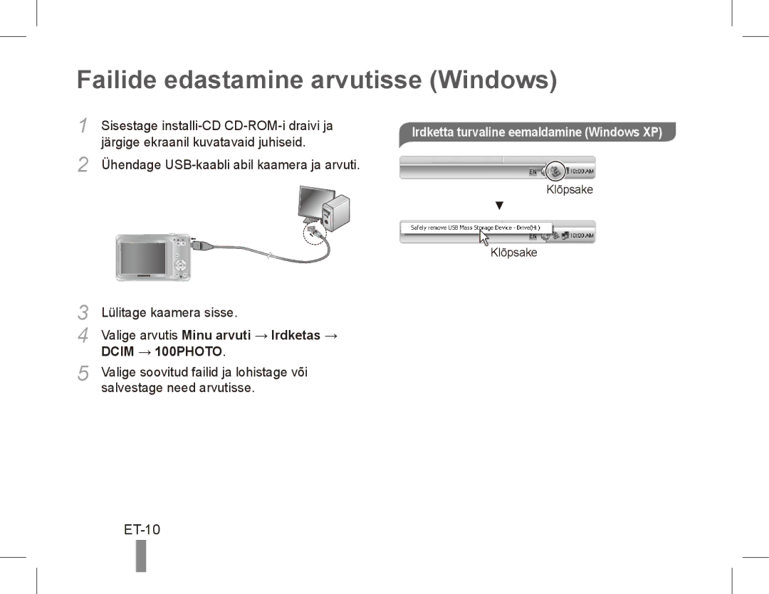 Samsung EC-ES60ZZBPRSA manual Failide edastamine arvutisse Windows, ET-10, Irdketta turvaline eemaldamine Windows XP 