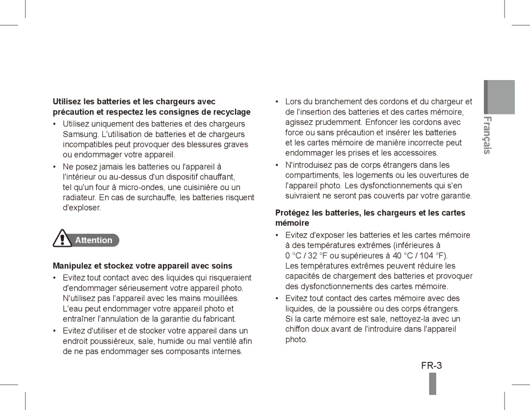 Samsung EC-ES60ZZBPBSA, EC-ES63ZZBPAE1, EC-ES60ZZBPPE1, EC-ES60ZZBPBE1 FR-3, Manipulez et stockez votre appareil avec soins 