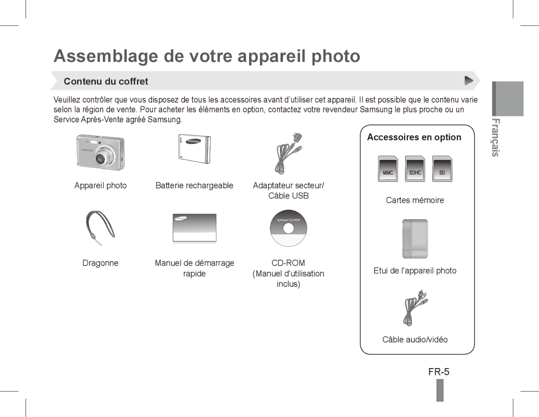 Samsung EC-ES60ZZDPPME, EC-ES63ZZBPAE1 Assemblage de votre appareil photo, FR-5, Contenu du coffret, Accessoires en option 