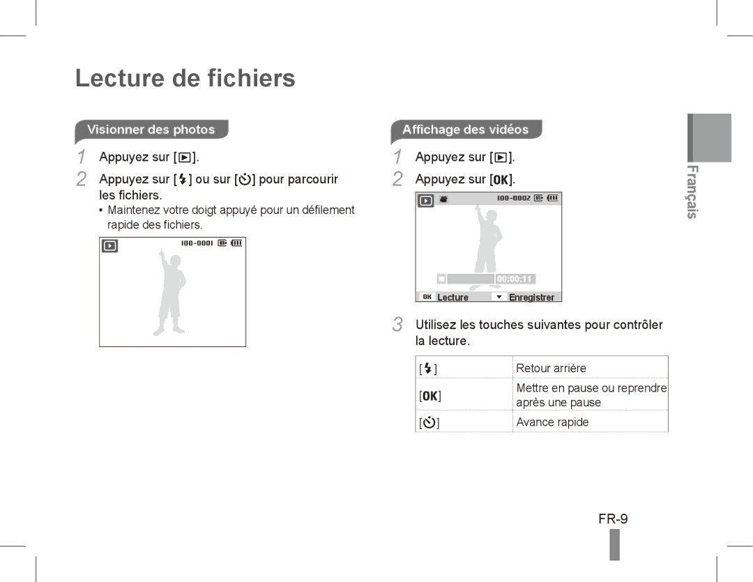 Samsung EC-ES60ZZBPBVN manual Lecture de fichiers, FR-9, Appuyez sur Ou sur pour parcourir Les fichiers, La lecture 