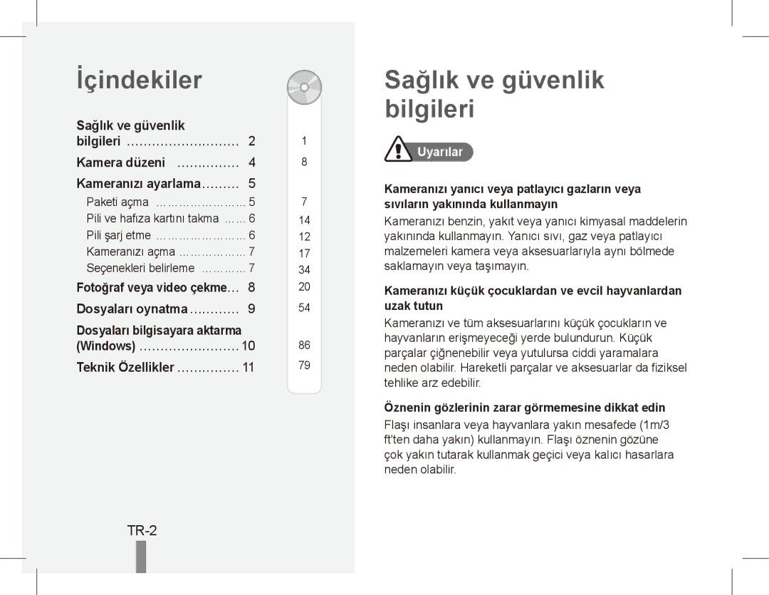 Samsung EC-ES60ZZBPBE3, EC-ES63ZZBPAE1, EC-ES60ZZBPPE1, EC-ES60ZZBPBE1 manual İçindekiler, Sağlık ve güvenlik bilgileri, TR-2 