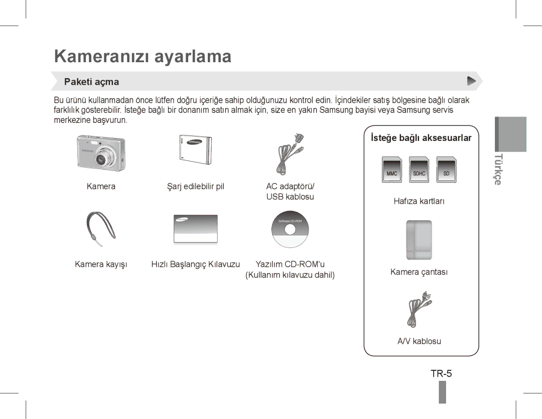 Samsung EC-ES60ZZBPRE3, EC-ES63ZZBPAE1, EC-ES60ZZBPPE1 Kameranızı ayarlama, TR-5, Paketi açma, İsteğe bağlı aksesuarlar 