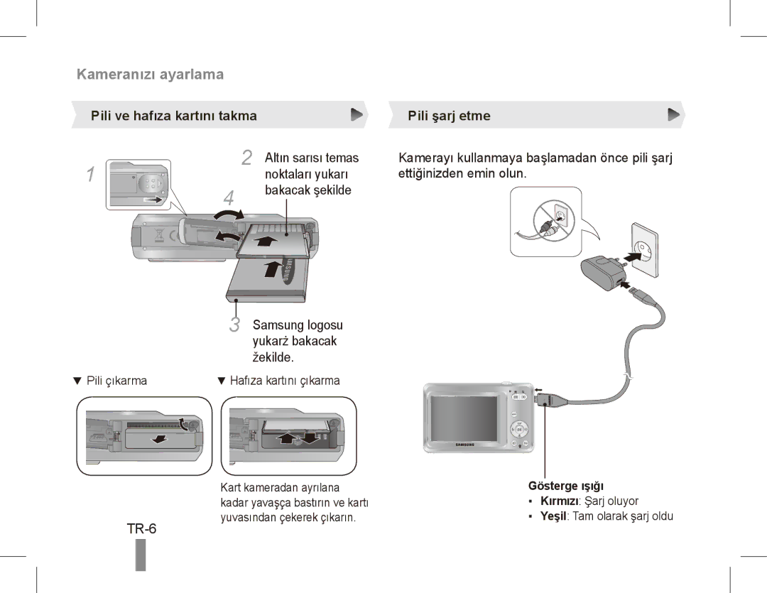 Samsung EC-ES60ZZBPARU, EC-ES63ZZBPAE1, EC-ES60ZZBPPE1, EC-ES60ZZBPBE1 TR-6, Pili ve hafıza kartını takma Pili şarj etme 