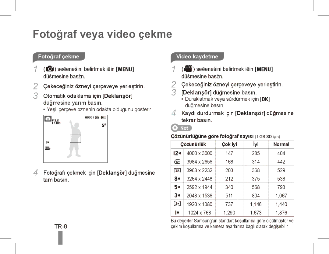 Samsung EC-ES60ZZBPPRU, EC-ES63ZZBPAE1, EC-ES60ZZBPPE1, EC-ES60ZZBPBE1 manual Fotoğraf veya video çekme, TR-8, Video kaydetme 