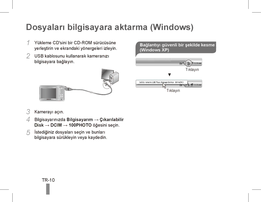 Samsung EC-ES60ZZBPBE2 manual Dosyaları bilgisayara aktarma Windows, TR-10, Bağlantıyı güvenli bir şekilde kesme Windows XP 