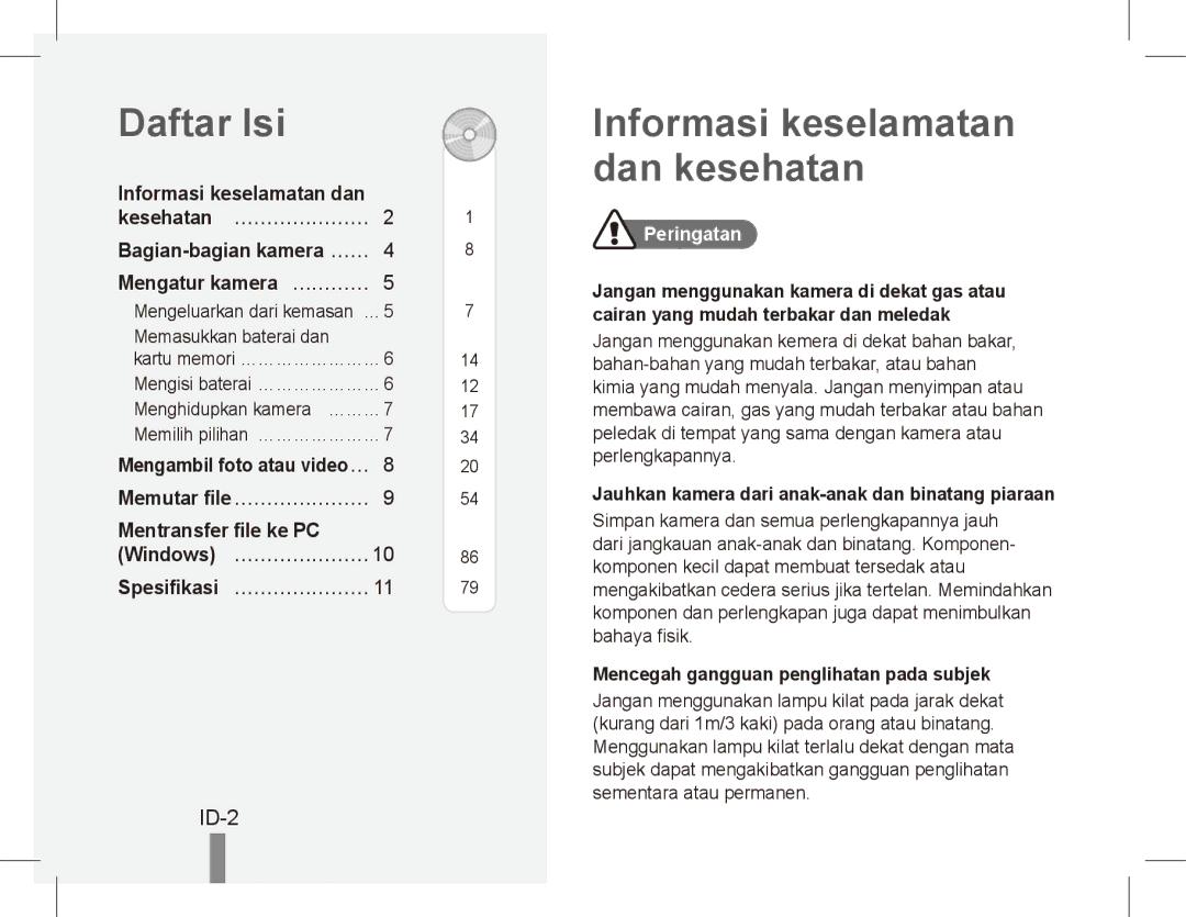 Samsung EC-ES60ZZBPRE1, EC-ES63ZZBPAE1 manual Daftar Isi, Informasi keselamatan dan kesehatan, ID-2, Mentransfer file ke PC 