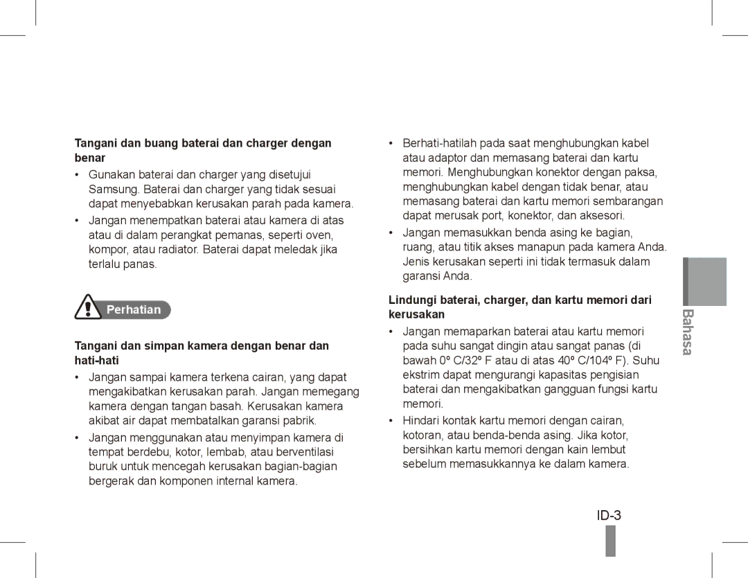 Samsung EC-ES60ZZDPRME, EC-ES63ZZBPAE1, EC-ES60ZZBPPE1 ID-3, Tangani dan buang baterai dan charger dengan benar, Perhatian 