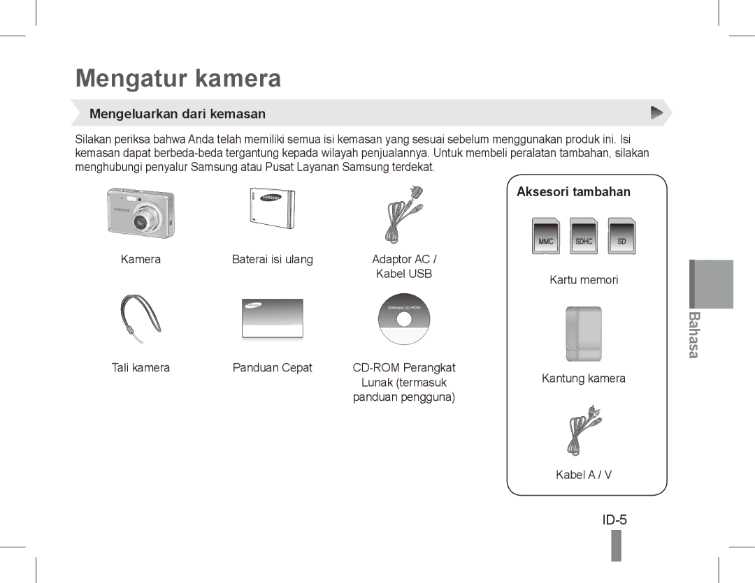 Samsung EC-ES60ZZBPASA, EC-ES63ZZBPAE1, EC-ES60ZZBPPE1 Mengatur kamera, ID-5, Mengeluarkan dari kemasan, Aksesori tambahan 