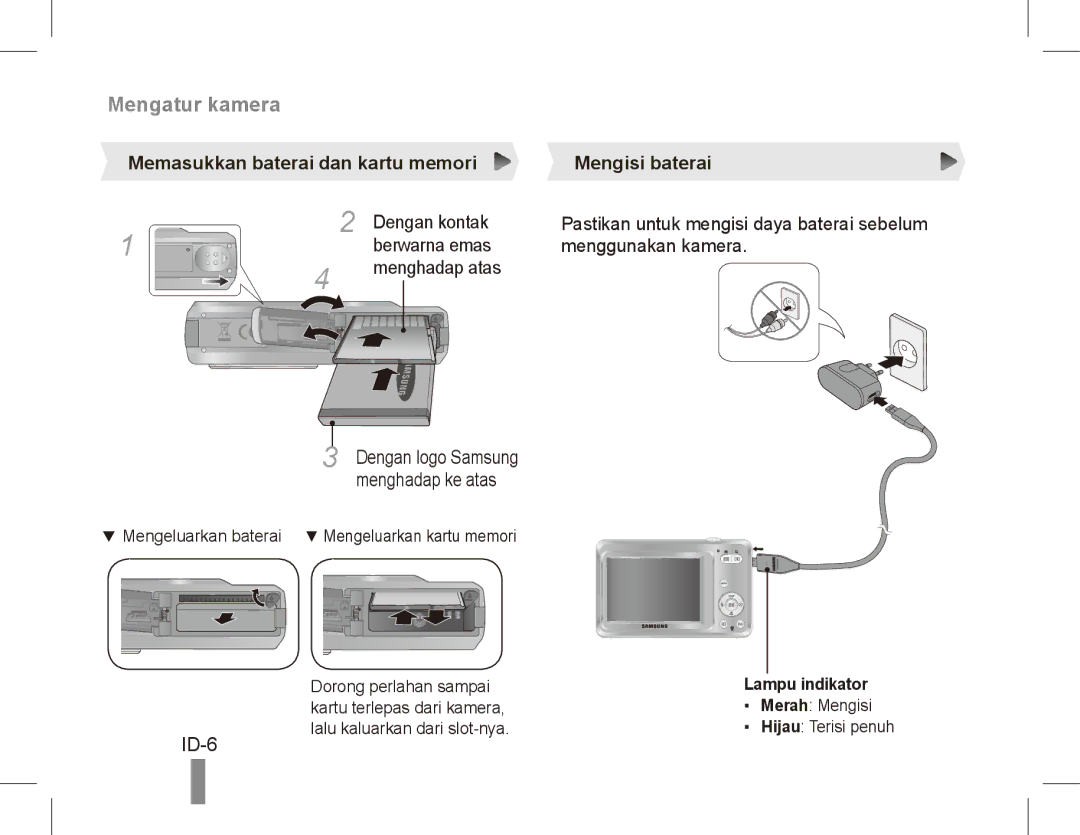 Samsung EC-ES60ZZBPBSA, EC-ES63ZZBPAE1 manual ID-6, Memasukkan baterai dan kartu memori Mengisi baterai, Dengan kontak 