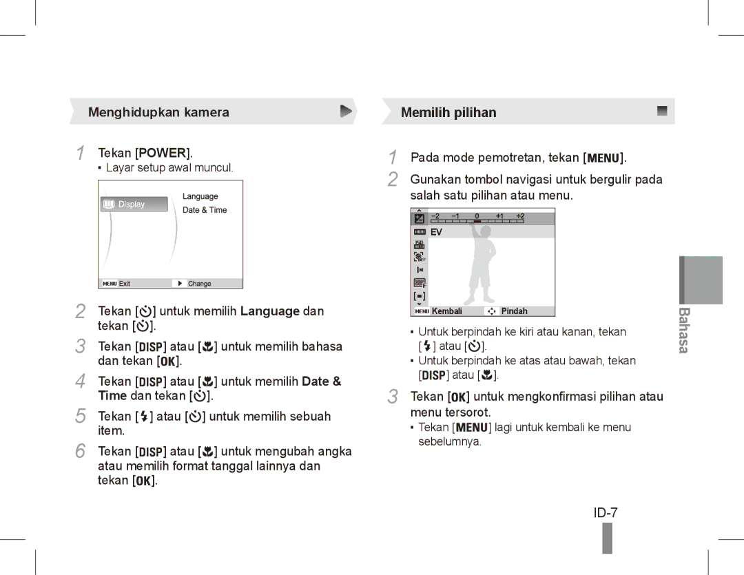 Samsung EC-ES60ZZBPRSA, EC-ES63ZZBPAE1, EC-ES60ZZBPPE1, EC-ES60ZZBPBE1, EC-ES60ZZBPAE1 manual ID-7, Menghidupkan kamera 