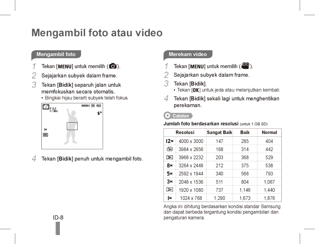 Samsung EC-ES60ZZDPPME, EC-ES63ZZBPAE1, EC-ES60ZZBPPE1, EC-ES60ZZBPBE1 manual Mengambil foto atau video, ID-8, Merekam video 