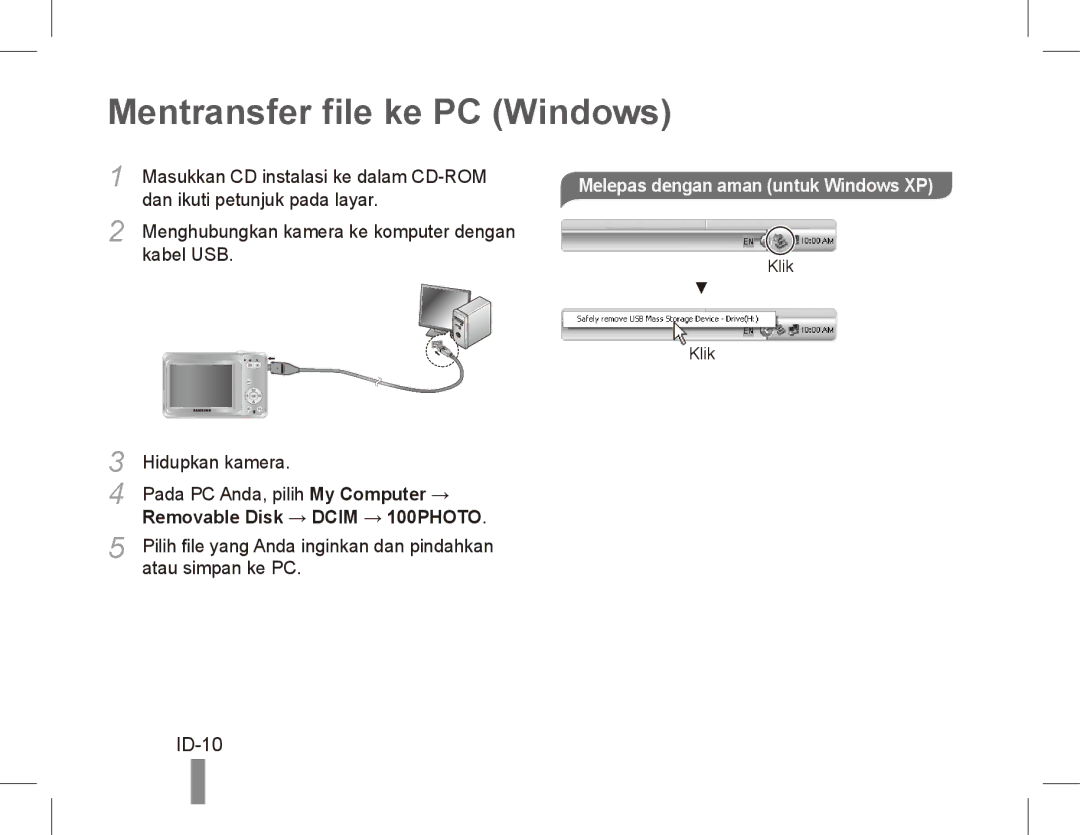 Samsung EC-ES60ZZBPPSA, EC-ES63ZZBPAE1 manual Mentransfer file ke PC Windows, ID-10, Melepas dengan aman untuk Windows XP 