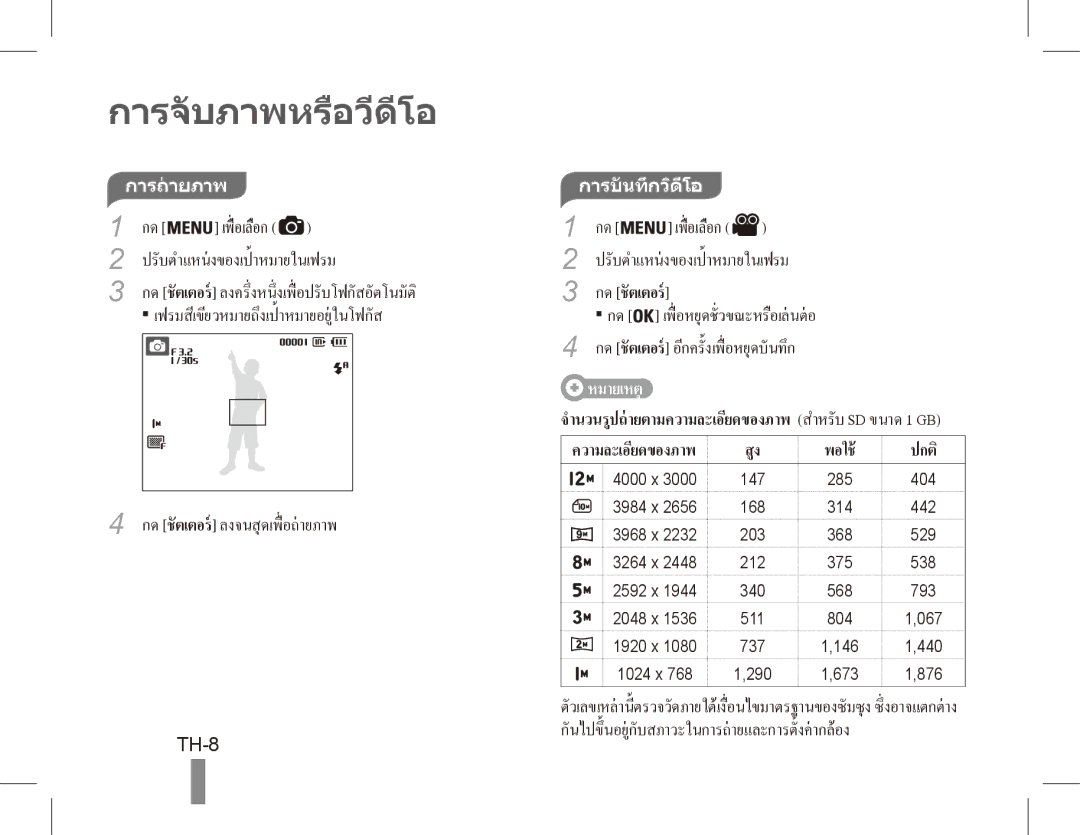 Samsung EC-ES60ZZBPBE1, EC-ES63ZZBPAE1, EC-ES60ZZBPPE1, EC-ES60ZZBPAE1, EC-ES60ZZBPRIT manual การจับภาพหรือวีดีโอ, TH-8 