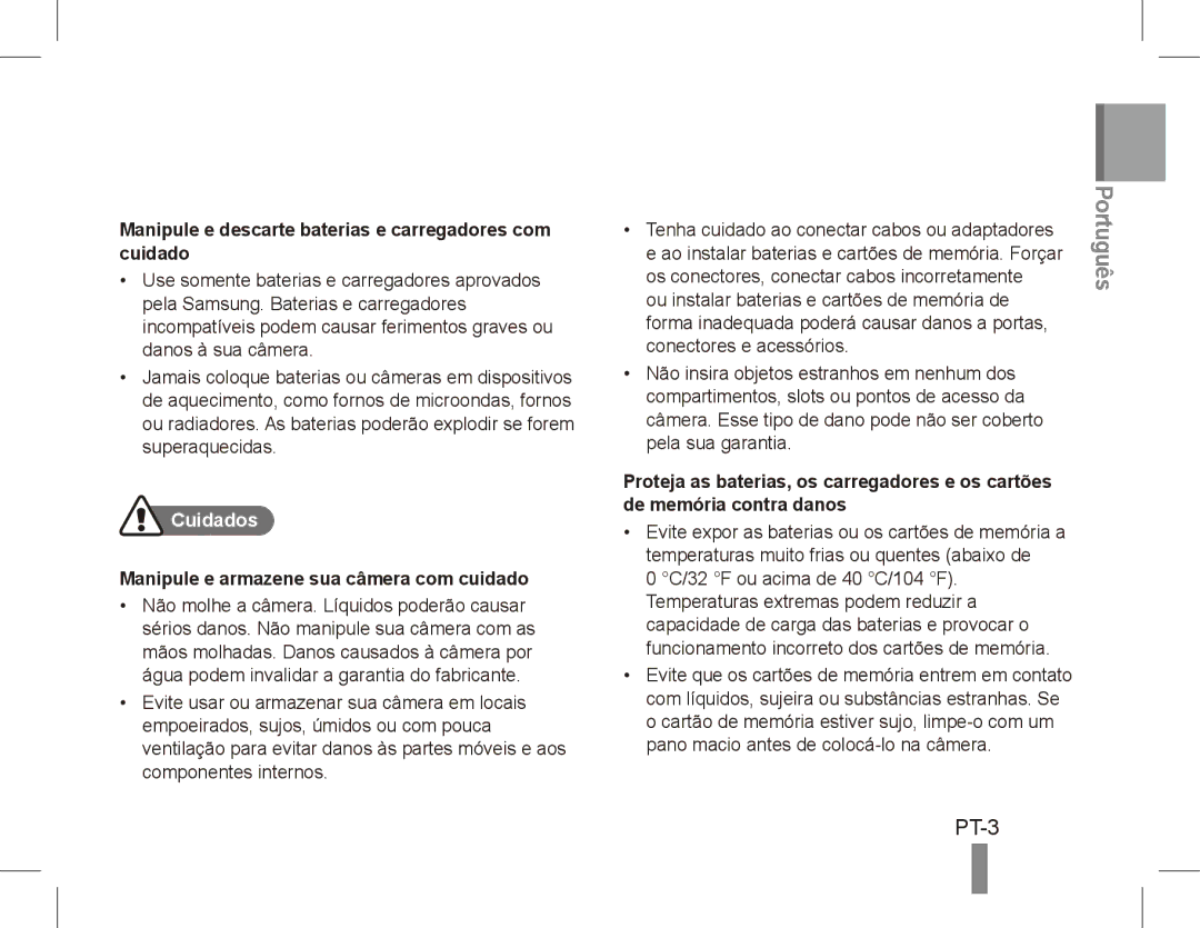 Samsung EC-ES60ZZBPAE1, EC-ES63ZZBPAE1 manual PT-3, Manipule e descarte baterias e carregadores com cuidado, Cuidados 