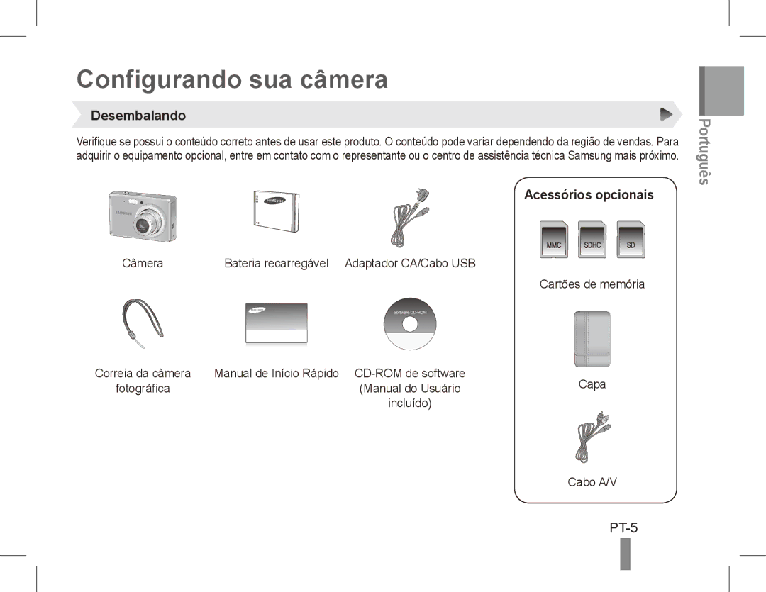 Samsung EC-ES60ZZBPBIT, EC-ES63ZZBPAE1, EC-ES60ZZBPPE1 Configurando sua câmera, PT-5, Desembalando, Acessórios opcionais 