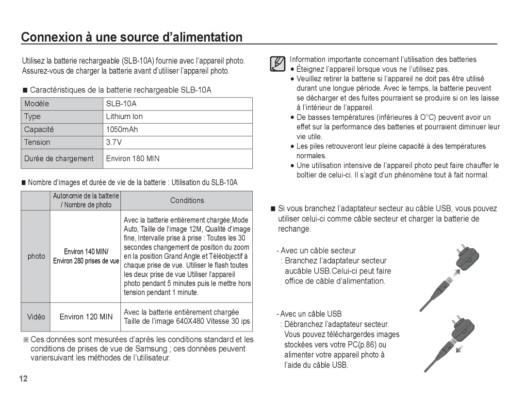 Samsung EC-ES60ZZBPPE1 manual Connexion à une source d’alimentation, Caractéristiques de la batterie rechargeable SLB-10A 