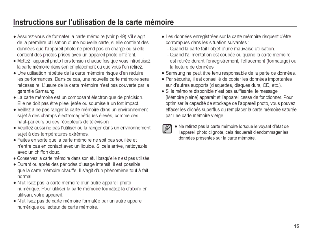 Samsung EC-ES63ZZBPAE1, EC-ES60ZZBPPE1, EC-ES60ZZBPBE1, EC-ES60ZZBPAE1 Instructions sur l’utilisation de la carte mémoire 