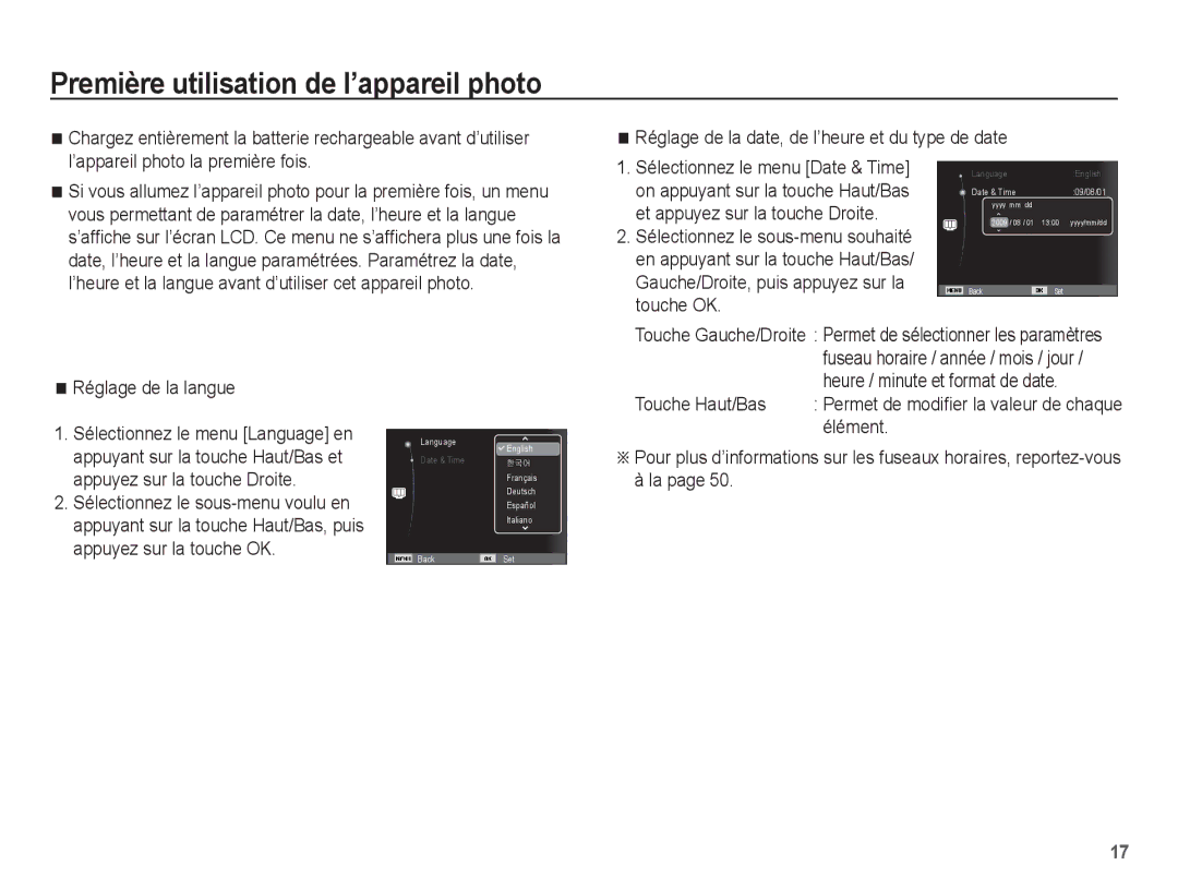 Samsung EC-ES60ZZBPBE1, EC-ES63ZZBPAE1, EC-ES60ZZBPPE1 manual Première utilisation de l’appareil photo, Réglage de la langue 