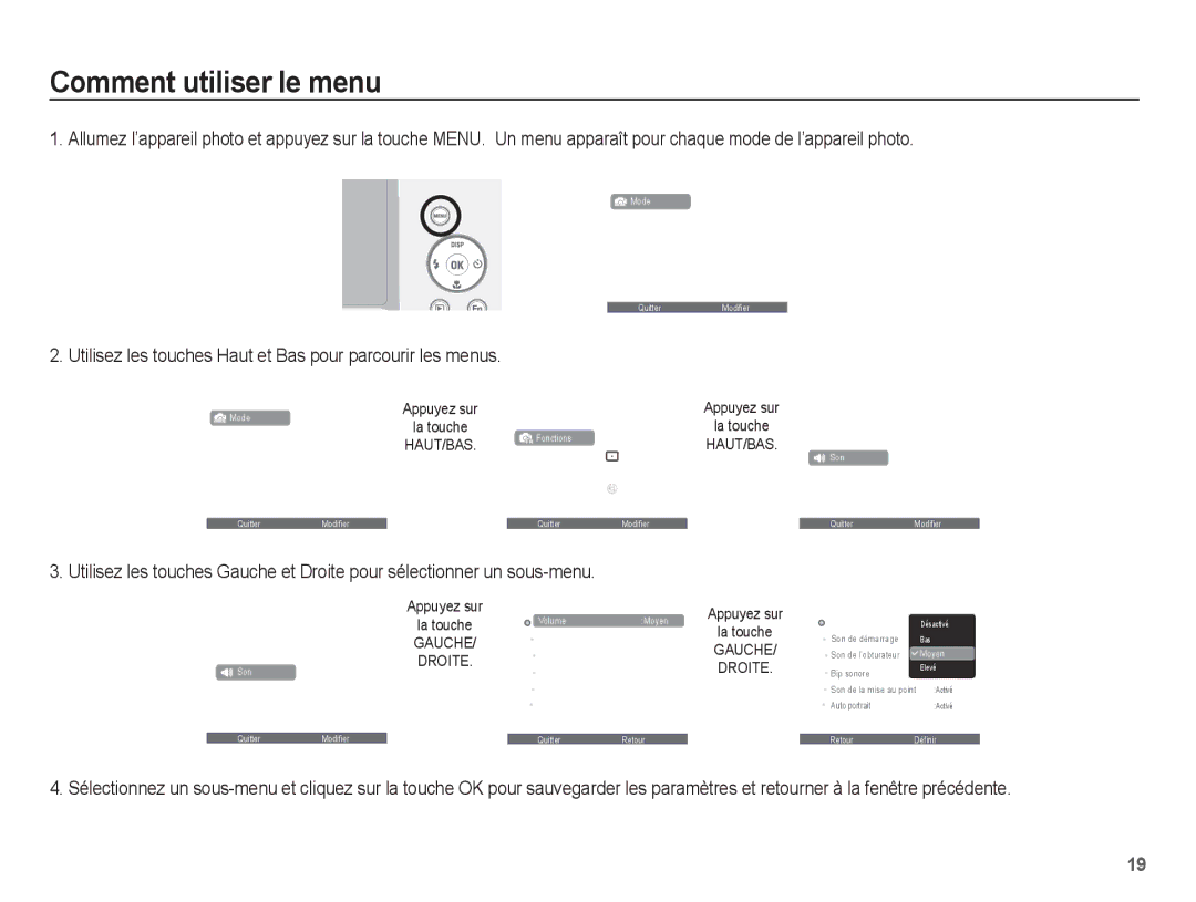 Samsung EC-ES63ZZBPAE1, EC-ES60ZZBPPE1 Comment utiliser le menu, Utilisez les touches Haut et Bas pour parcourir les menus 