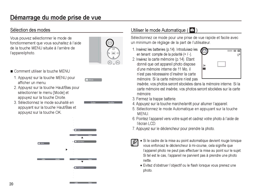 Samsung EC-ES60ZZBPPE1 manual Démarrage du mode prise de vue, Sélection des modes Utiliser le mode Automatique, ’écran LCD 