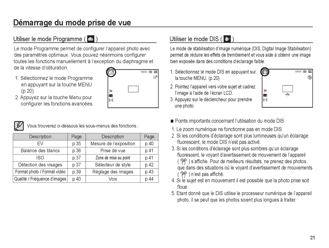 Samsung EC-ES60ZZBPBE1, EC-ES63ZZBPAE1, EC-ES60ZZBPPE1, EC-ES60ZZBPAE1 manual Utiliser le mode Programme, Utiliser le mode DIS 