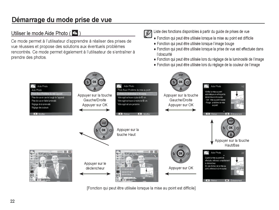 Samsung EC-ES60ZZBPAE1 manual Utiliser le mode Aide Photo, Appuyer sur la touche Haut/Bas, Appuyer sur le Déclencheur 