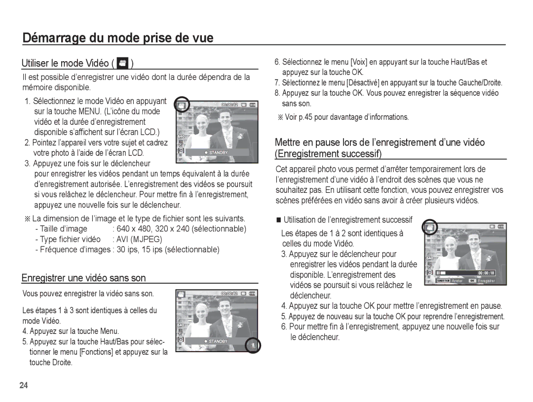 Samsung EC-ES60ZZBPPE1, EC-ES63ZZBPAE1, EC-ES60ZZBPBE1 manual Utiliser le mode Vidéo, Enregistrer une vidéo sans son 