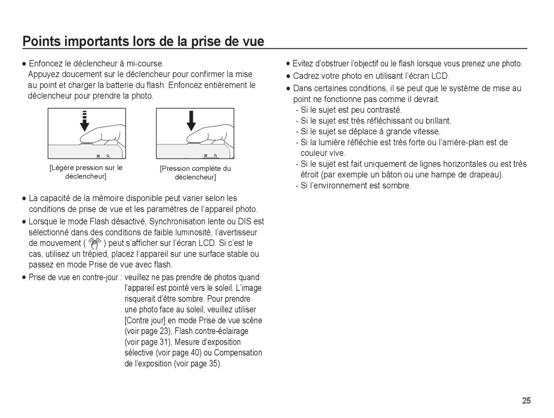 Samsung EC-ES60ZZBPBE1, EC-ES63ZZBPAE1 manual Points importants lors de la prise de vue, Enfoncez le déclencheur à mi-course 