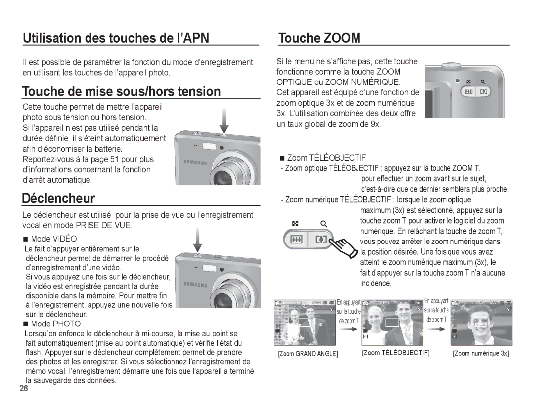 Samsung EC-ES60ZZBPAE1 manual Utilisation des touches de l’APN, Touche de mise sous/hors tension, Déclencheur, Touche Zoom 