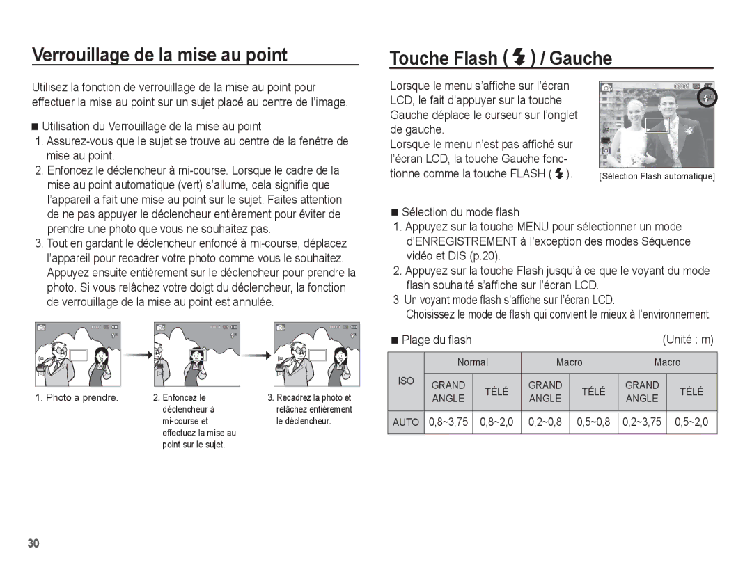 Samsung EC-ES60ZZBPAE1, EC-ES63ZZBPAE1 Verrouillage de la mise au point, Touche Flash Gauche, De gauche, Plage du ﬂash 