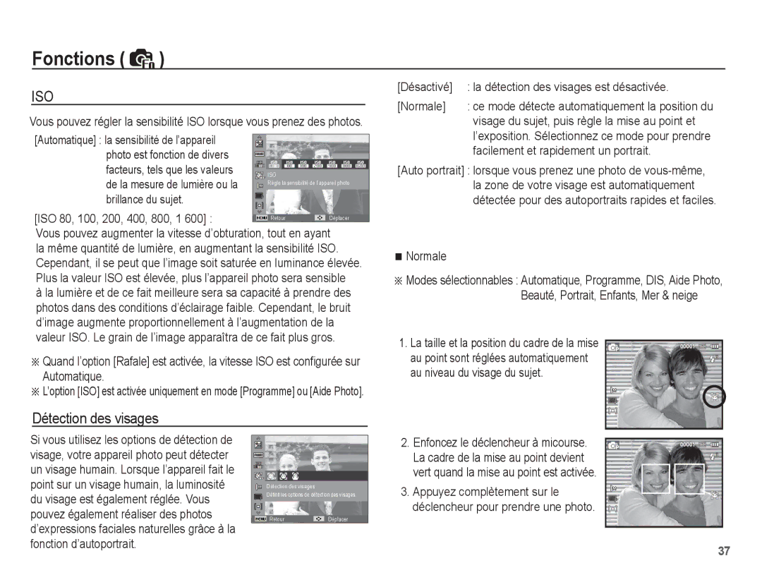 Samsung EC-ES60ZZBPBE1 manual Détection des visages, Photo est fonction de divers, Facilement et rapidement un portrait 