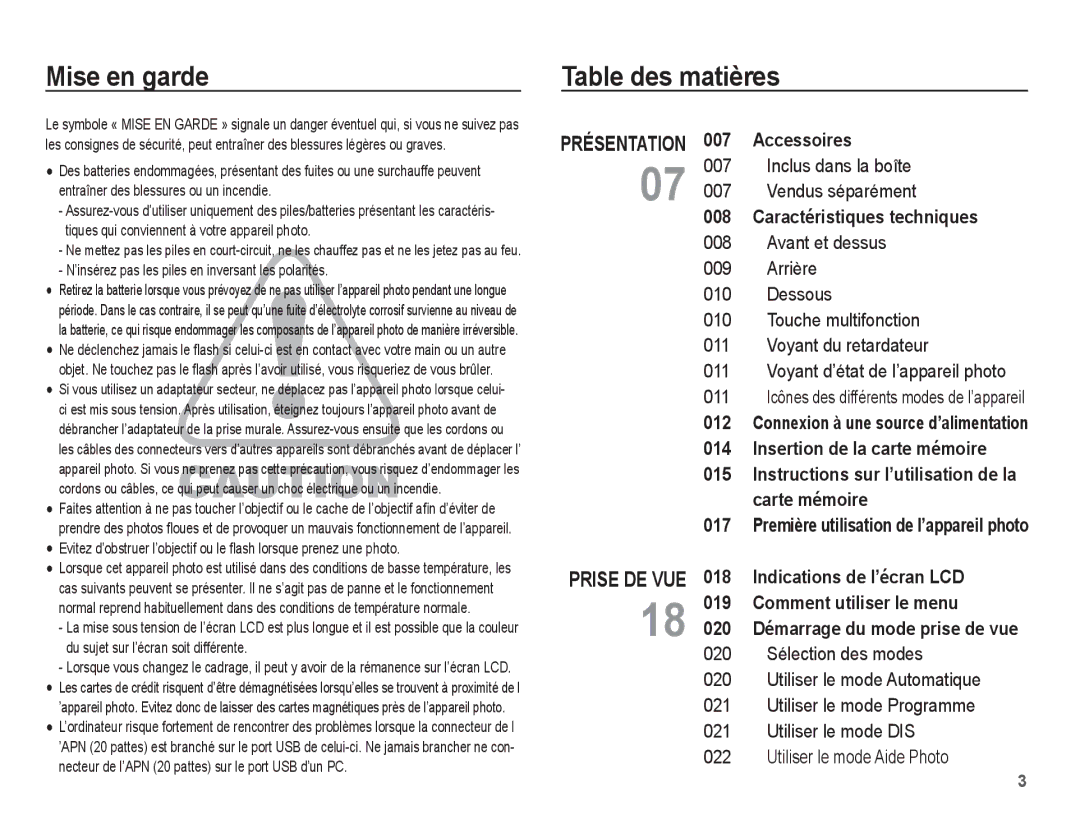 Samsung EC-ES63ZZBPAE1 manual Mise en garde, Table des matières, ’insérez pas les piles en inversant les polarités 