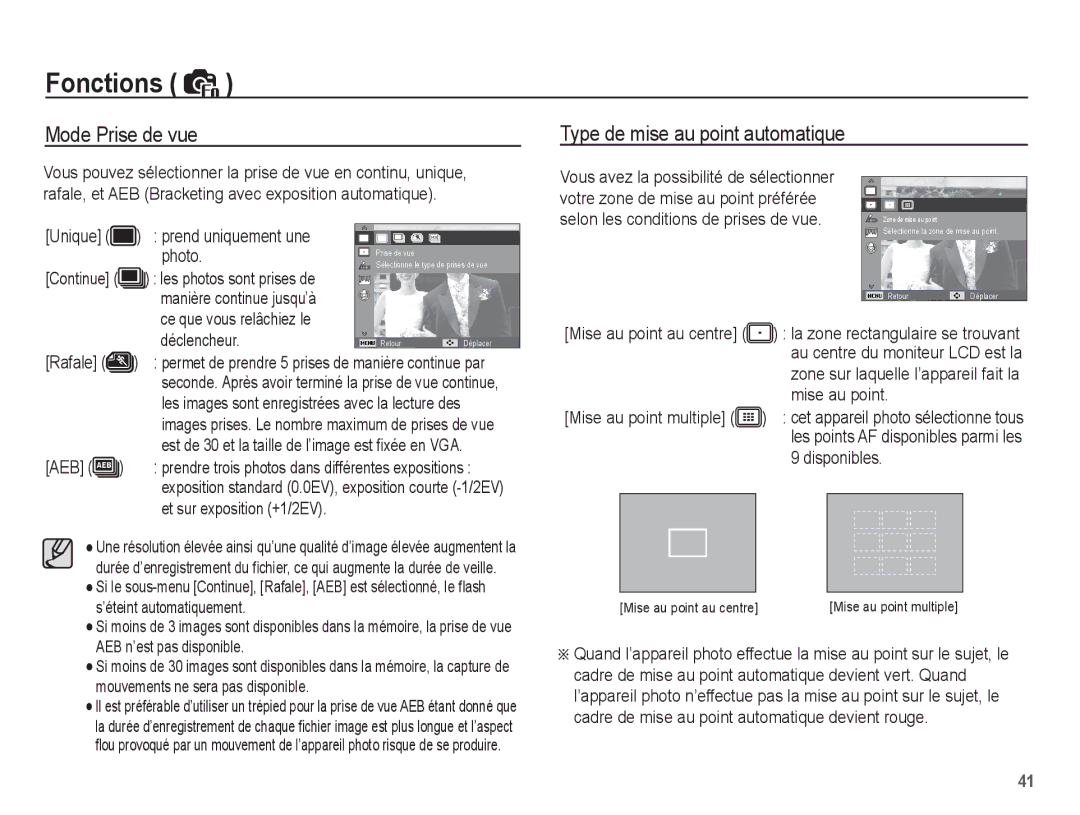 Samsung EC-ES60ZZBPBE1, EC-ES63ZZBPAE1, EC-ES60ZZBPPE1, EC-ES60ZZBPAE1 Mode Prise de vue Type de mise au point automatique 