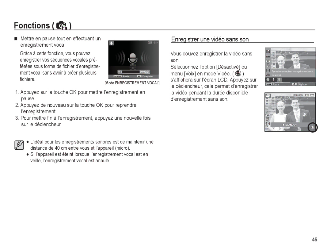 Samsung EC-ES60ZZBPBE1, EC-ES63ZZBPAE1, EC-ES60ZZBPPE1, EC-ES60ZZBPAE1 manual Vous pouvez enregistrer la vidéo sans son 