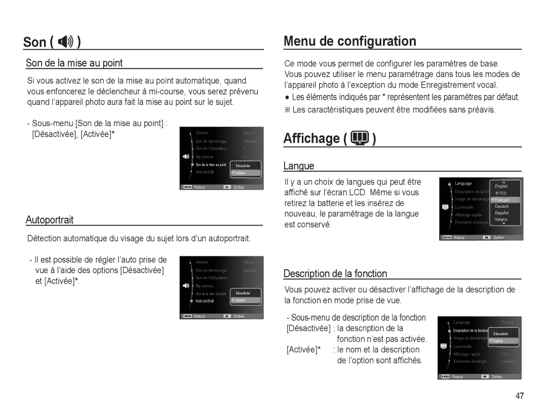 Samsung EC-ES63ZZBPAE1, EC-ES60ZZBPPE1, EC-ES60ZZBPBE1, EC-ES60ZZBPAE1 manual Menu de conﬁguration, Afﬁchage 