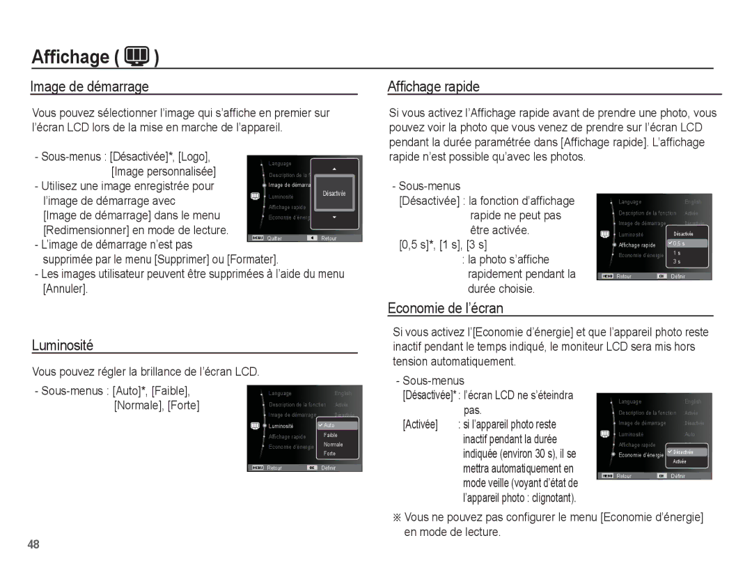 Samsung EC-ES60ZZBPPE1, EC-ES63ZZBPAE1, EC-ES60ZZBPBE1 Image de démarrage, Afﬁchage rapide, Luminosité Economie de l’écran 