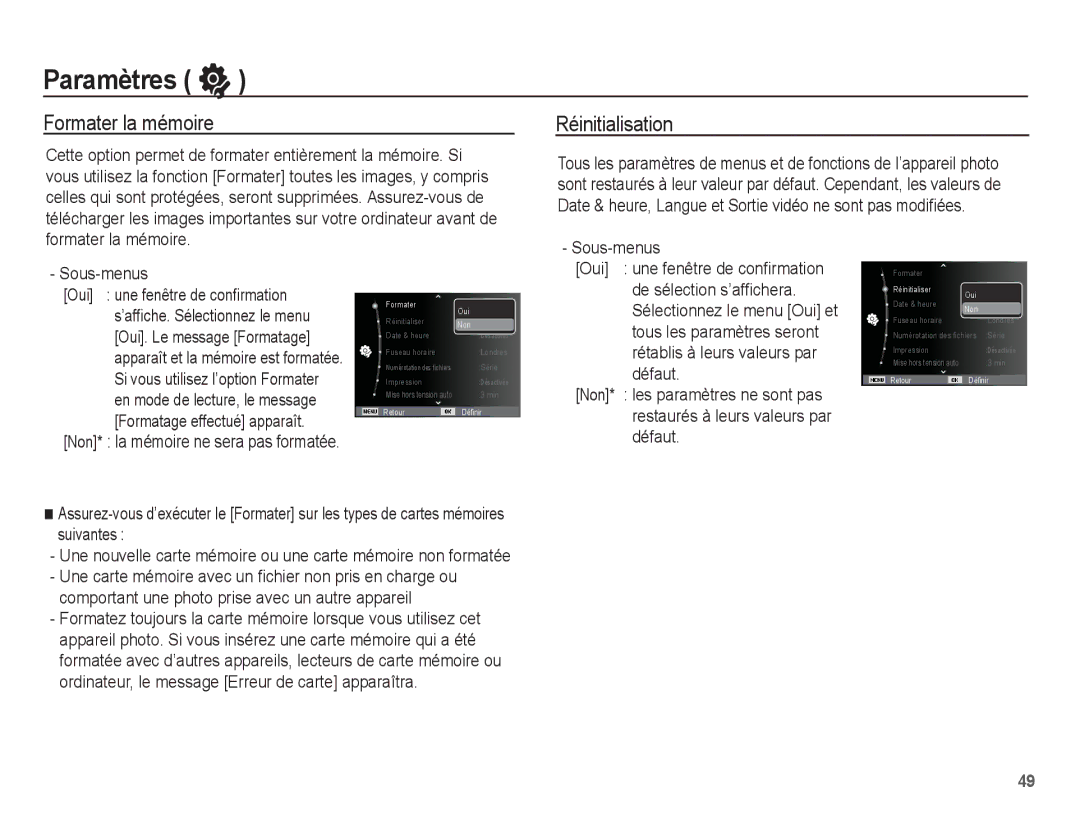 Samsung EC-ES60ZZBPBE1, EC-ES63ZZBPAE1, EC-ES60ZZBPPE1, EC-ES60ZZBPAE1 Paramètres, Formater la mémoire, Réinitialisation 