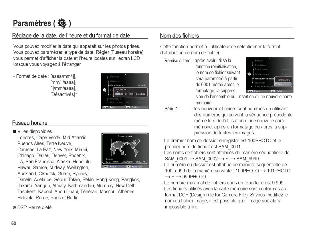 Samsung EC-ES60ZZBPAE1 manual Réglage de la date, de l’heure et du format de date, Fuseau horaire, Nom des ﬁchiers 