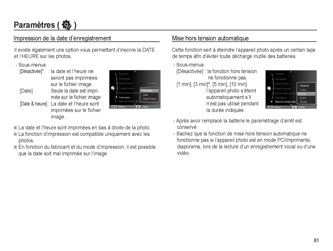 Samsung EC-ES63ZZBPAE1, EC-ES60ZZBPPE1 manual Impression de la date d’enregistrement, Mise hors tension automatique 