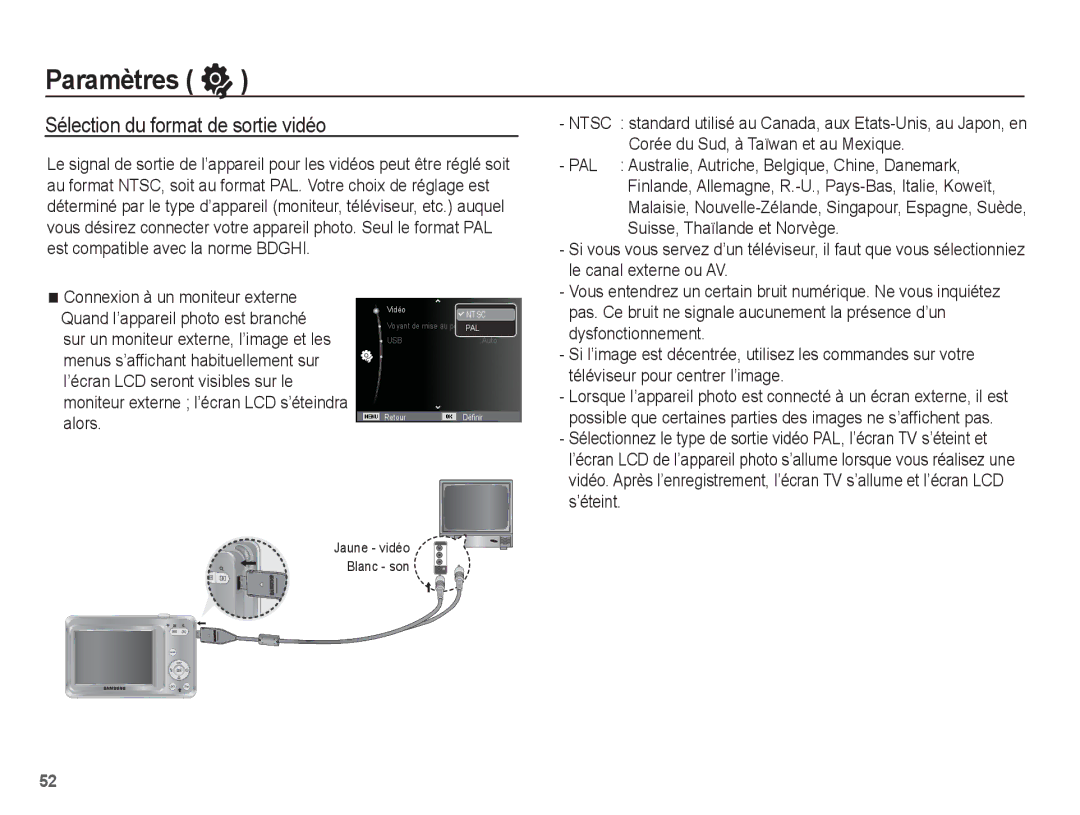 Samsung EC-ES60ZZBPPE1, EC-ES63ZZBPAE1, EC-ES60ZZBPBE1, EC-ES60ZZBPAE1 manual Sélection du format de sortie vidéo 