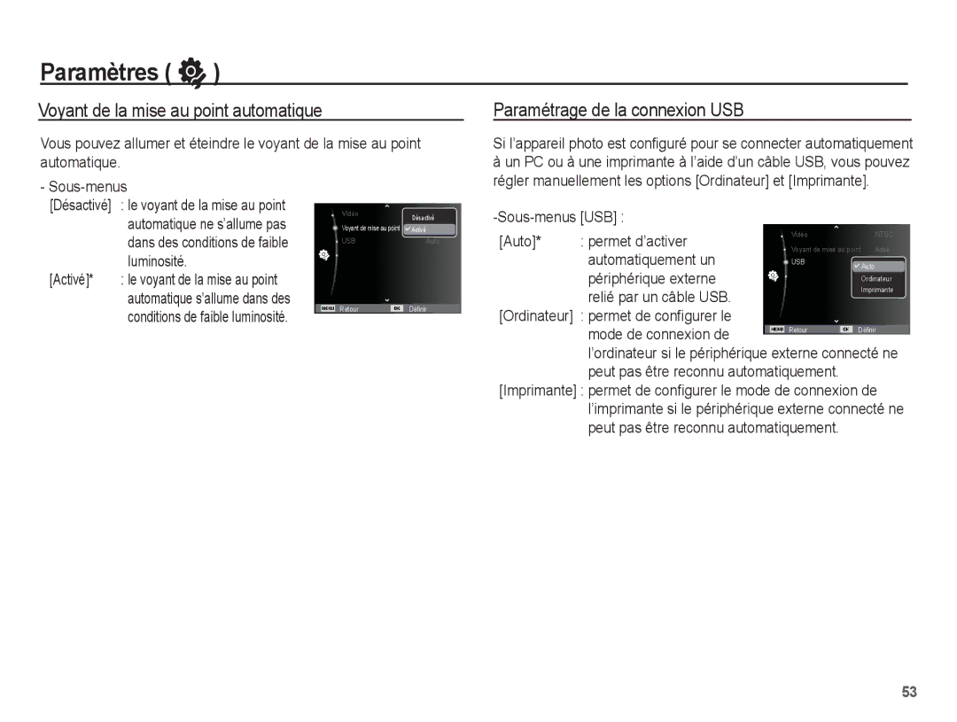 Samsung EC-ES60ZZBPBE1, EC-ES63ZZBPAE1 manual Voyant de la mise au point automatique, Paramétrage de la connexion USB 