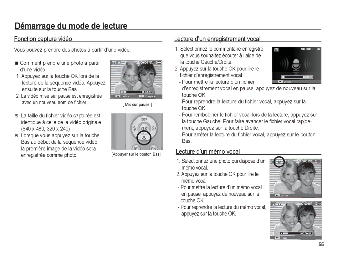 Samsung EC-ES63ZZBPAE1, EC-ES60ZZBPPE1 Fonction capture vidéo, Lecture d’un enregistrement vocal, Lecture d’un mémo vocal 