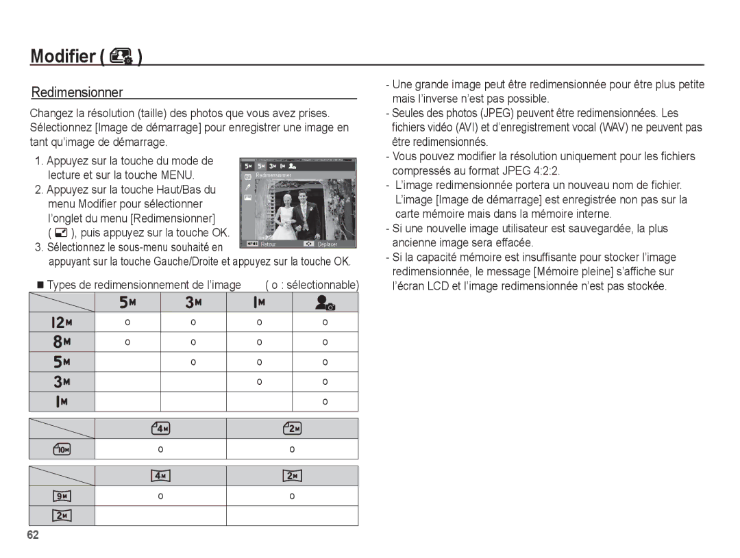 Samsung EC-ES60ZZBPAE1, EC-ES63ZZBPAE1 Redimensionner, Lecture et sur la touche Menu, Menu Modifier pour sélectionner 