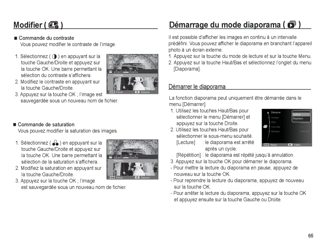 Samsung EC-ES60ZZBPBE1, EC-ES63ZZBPAE1, EC-ES60ZZBPPE1, EC-ES60ZZBPAE1 Démarrage du mode diaporama , Démarrer le diaporama 